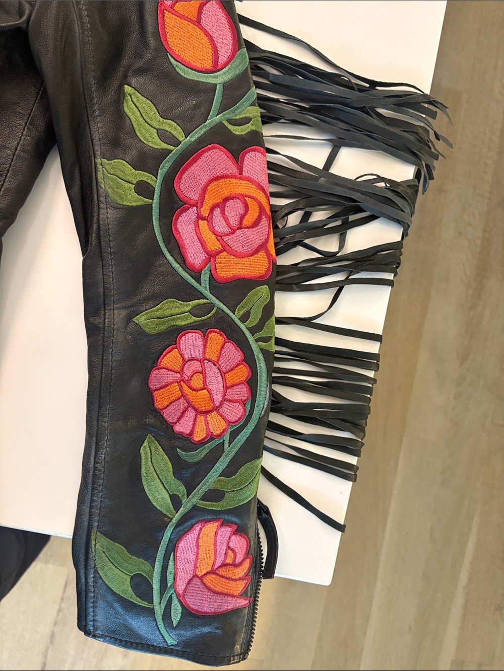 Free People Black Leather Moto Jacket with Pink & Orange Floral Embroidery - Picture 2 of 3